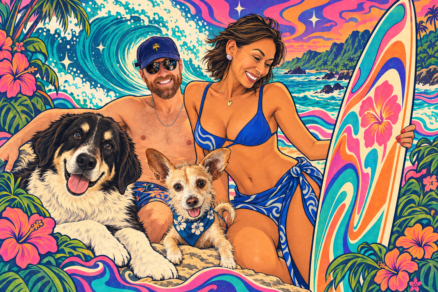 A psychedelic illustration of Ang and Tyler at the beach with Quincy, their small tan Chihuahua, and Fin, their larger black-and-white dog.